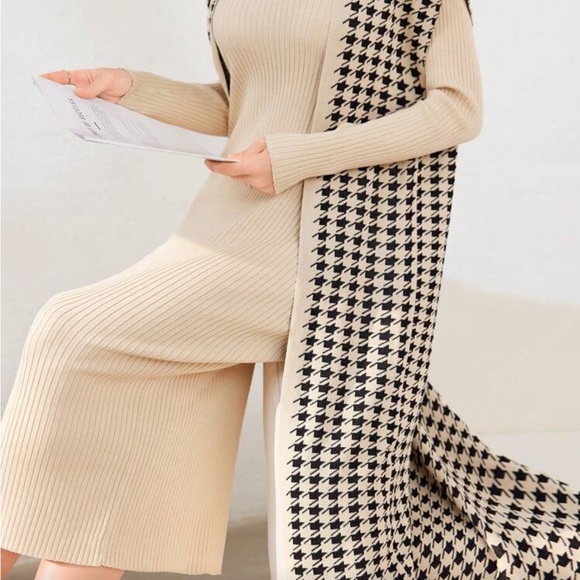 Beige and Black Houndstooth Long Cardigan Dress - Picture 5 of 14